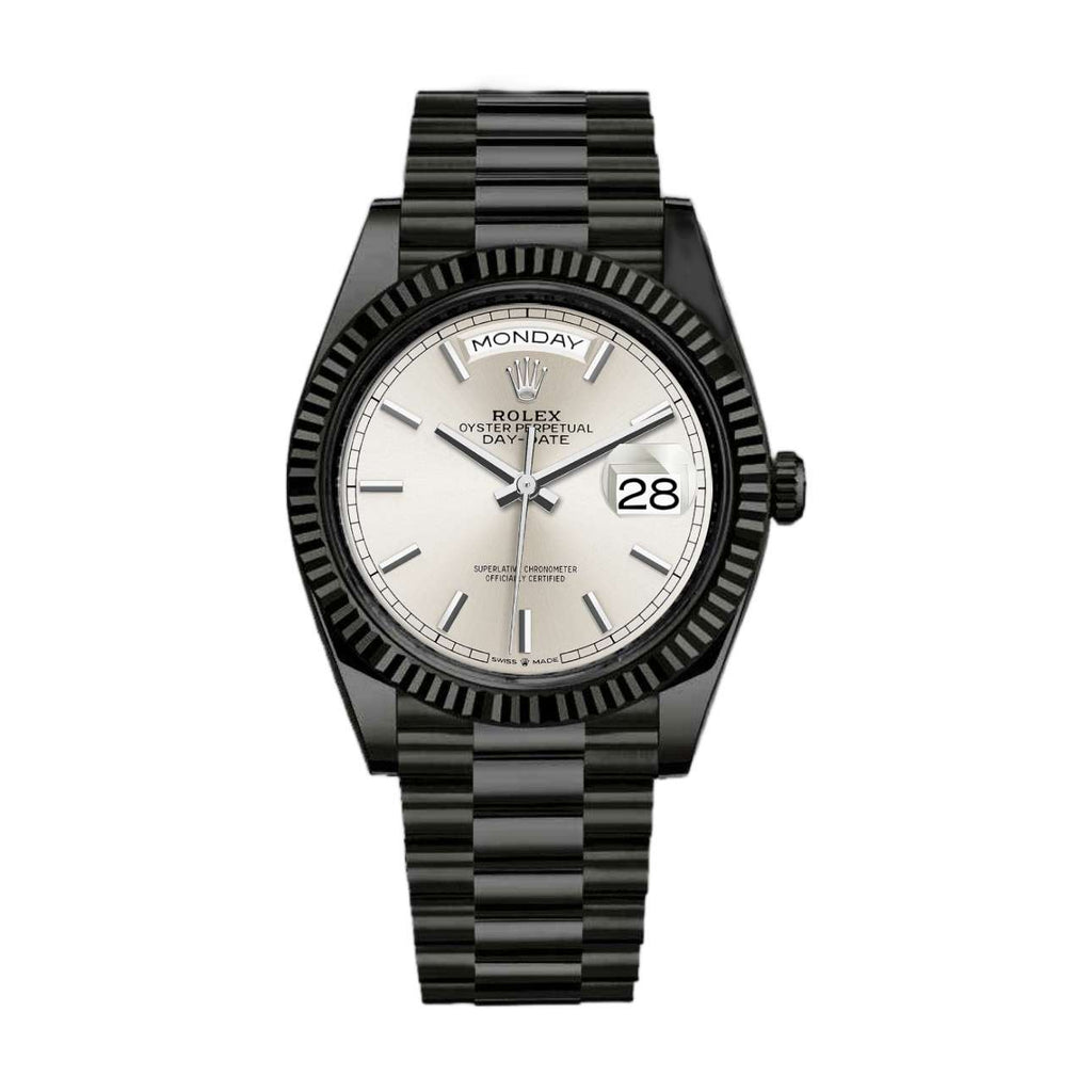 Black Rolex DLC-PVD Day-Date 36mm | Black DLC-PVD Stainless Steel President bracelet | Silver dial Fluted bezel | Men's Watch 128239-0005-pvd-2