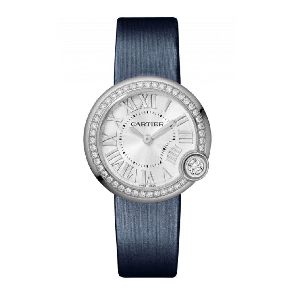 Cartier, Ballon Blanc de Cartier, 30mm | blue Calfskin strap Bracelet | silver Dial diamond Bezel | Ladies Watch, Ref. # W4BL0003