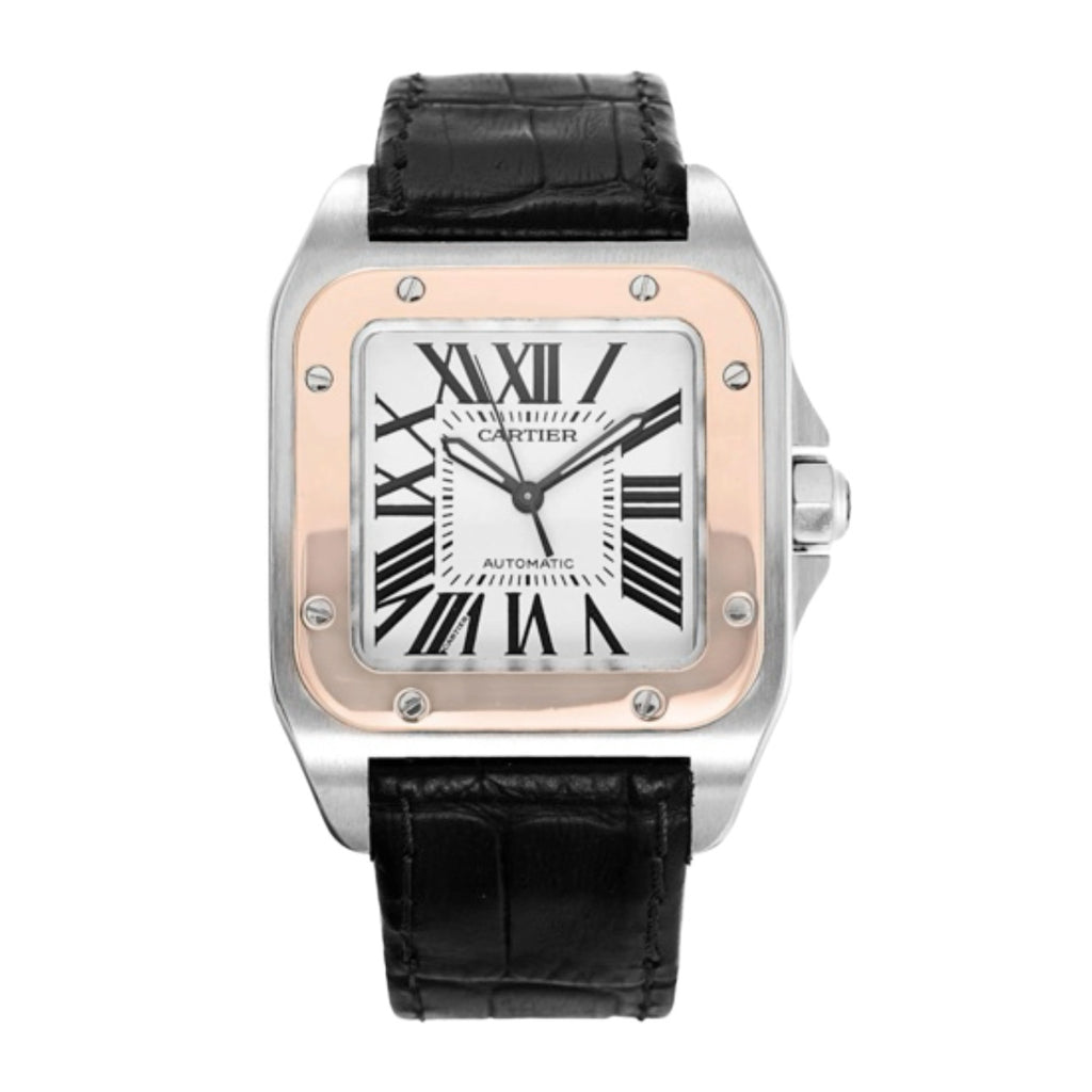 Cartier, Santos 100 44.2mm | Brown Leather Strap | Opaline Silver Dial Rose Gold Bezel | Men's Watch, Ref. # W20107X7