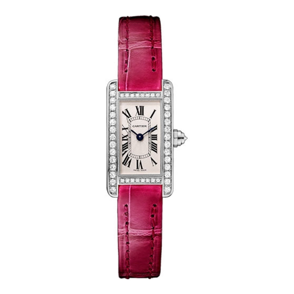 Cartier, Tank Americaine 27mm | pink strap Bracelet | Silver Dial Diamond Bezel | Ladies Watch, Ref. # WB710015