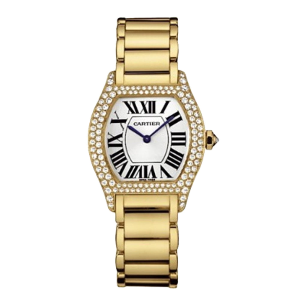 Cartier, Tortue 28.5mm | Yellow Gold Bracelet | Silver Dial diamond Bezel | Yellow Gold Case | Ladies Watch, Ref. # WA5048W8