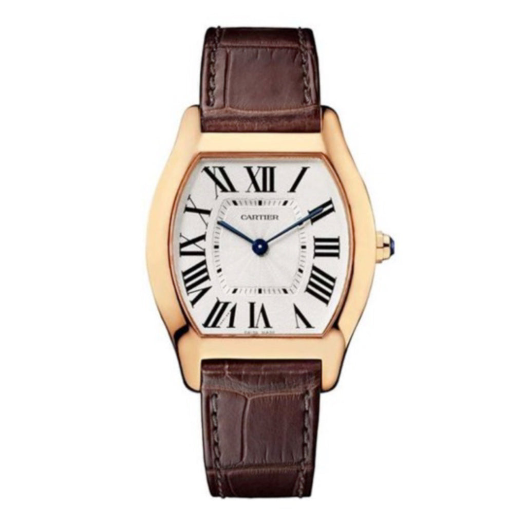 Cartier, Tortue 39mm | Brown Leather Strap with Pattern | Silver Guilloche Dial Rose Gold Bezel | Rose Gold Case | Unisex Watch, Ref. # W1556362