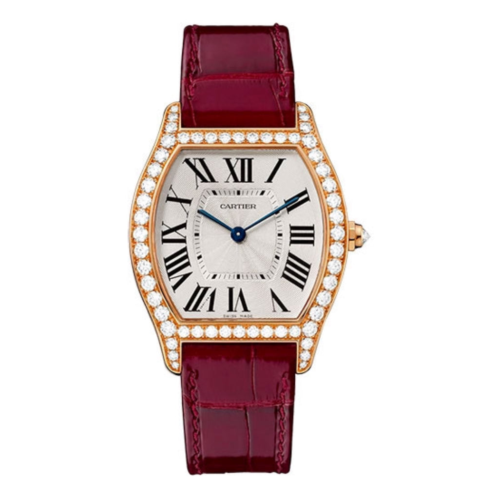 Cartier, Tortue 39mm | bordeaux alligator skin strap Bracelet | silver Dial diamond Bezel | rose gold Case | Men's Watch, Ref. # WA501008