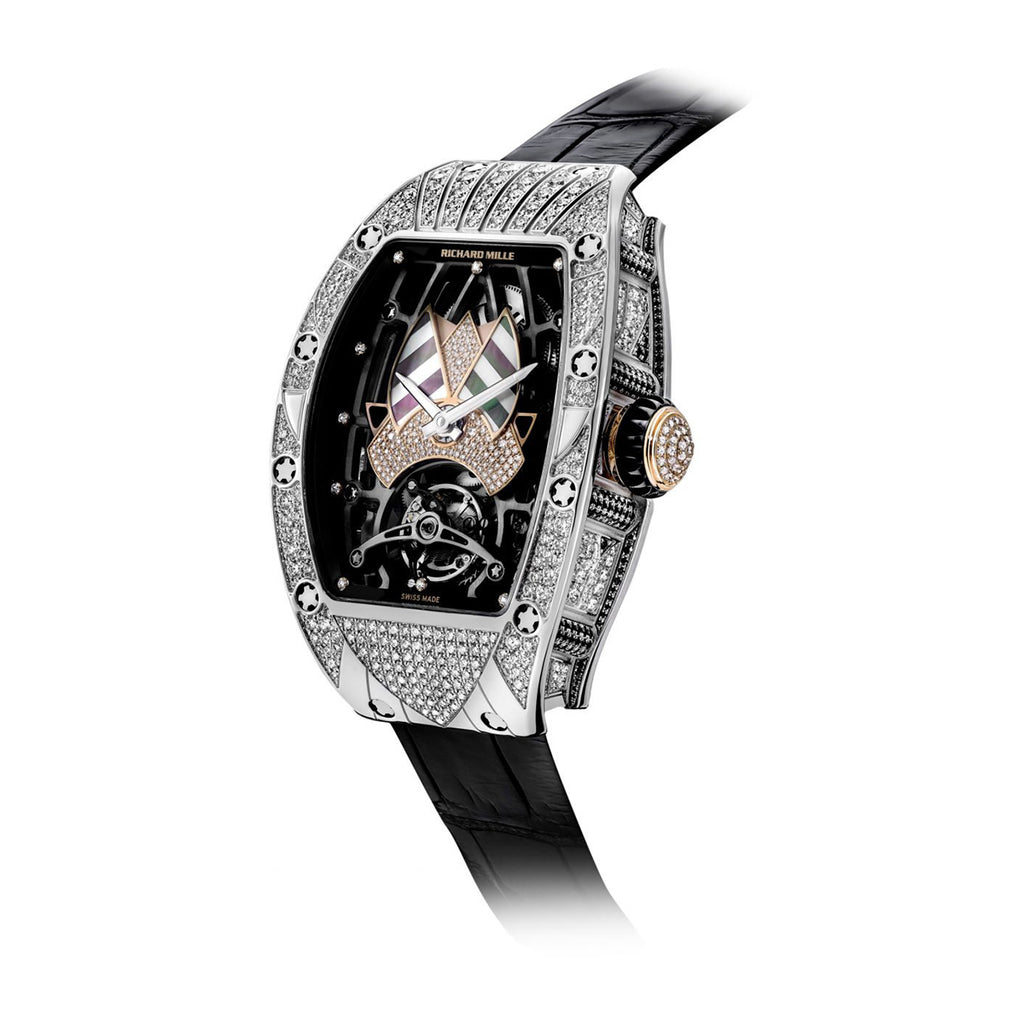 Richard Mille Tourbillon Automatique Talisman 52.20 mm | Black Leather Strap bracelet | Skeletonized dial 18k White gold diamond bezel | 18k White gold Case Men's Watch RM 71-01