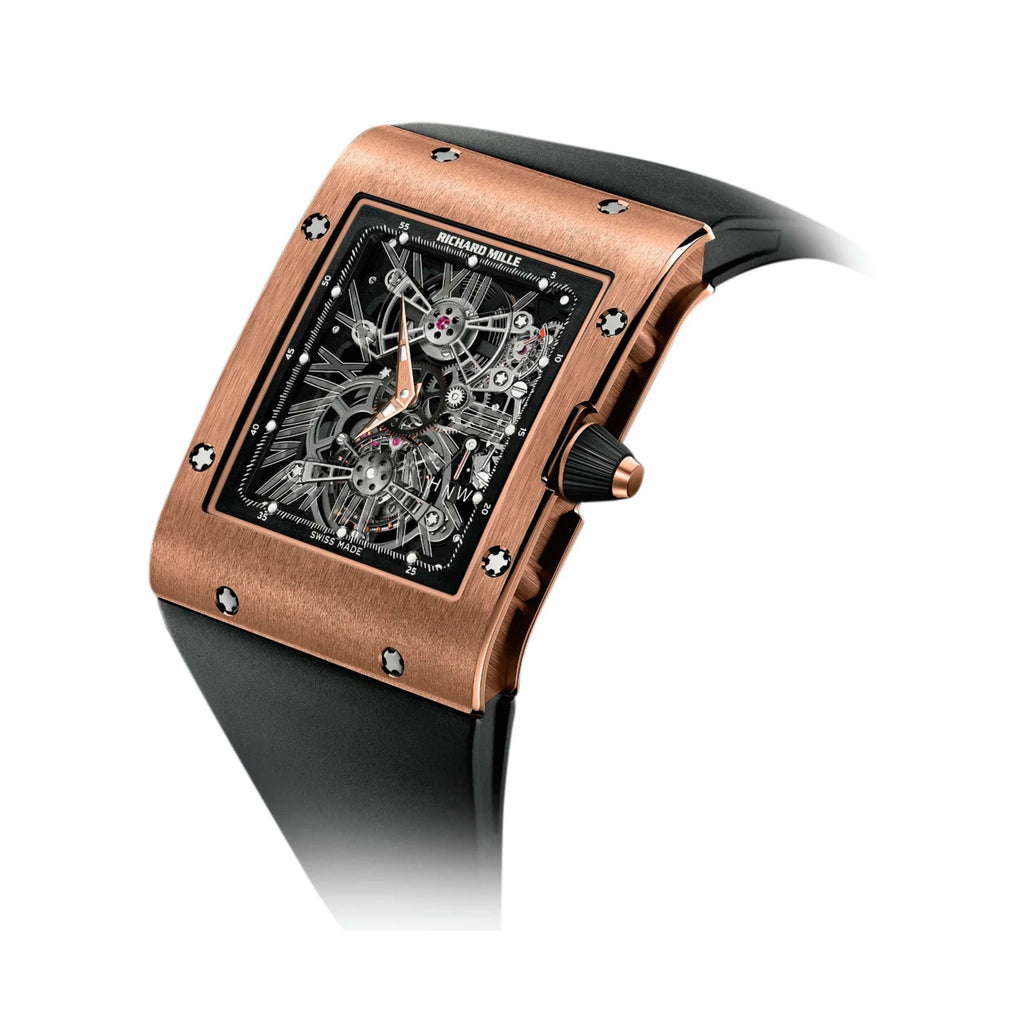 Richard Mille Tourbillon Extra Flat 49.50 mm | Black Rubber Strap bracelet | Skeletonized dial | 18k Red Gold Case Men's Watch RM 017