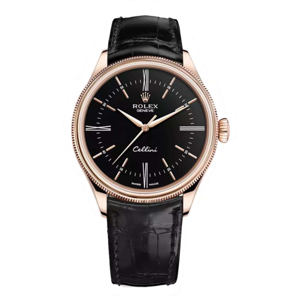 Rolex Cellini 39mm | Black Leather strap | Black dial | 18k Everose Gold Case Unisex Watch 50505-0009