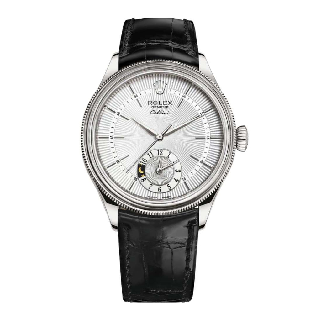 Rolex Cellini Dual Time 39mm | Black Leather strap | Silver guilloche dial | 18k White Gold Case Unisex Watch 50529-0006