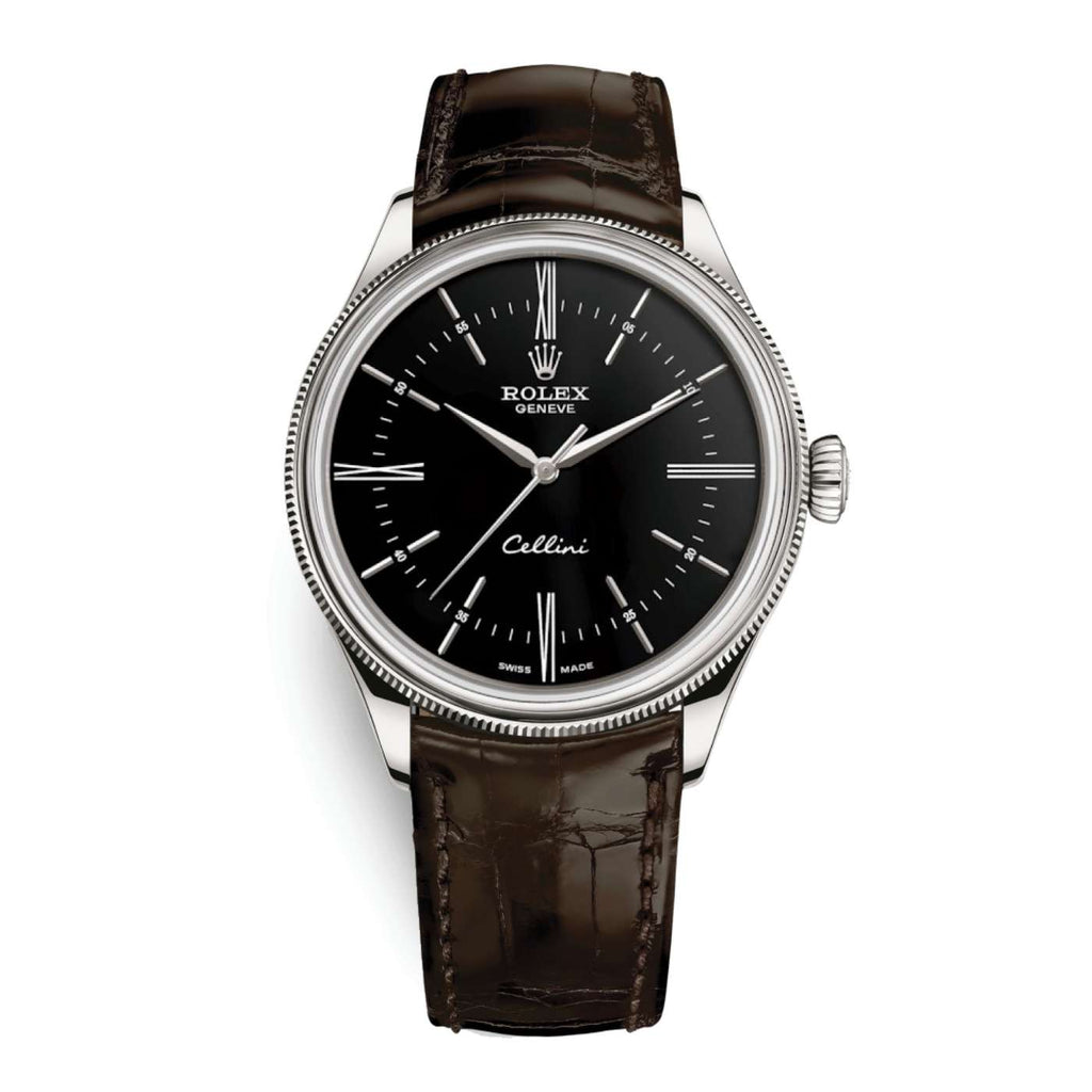 Rolex Cellini Time 39mm | Tobacco Leather strap | Black dial | 18k White Gold Case Unisex Watch 50509-0022