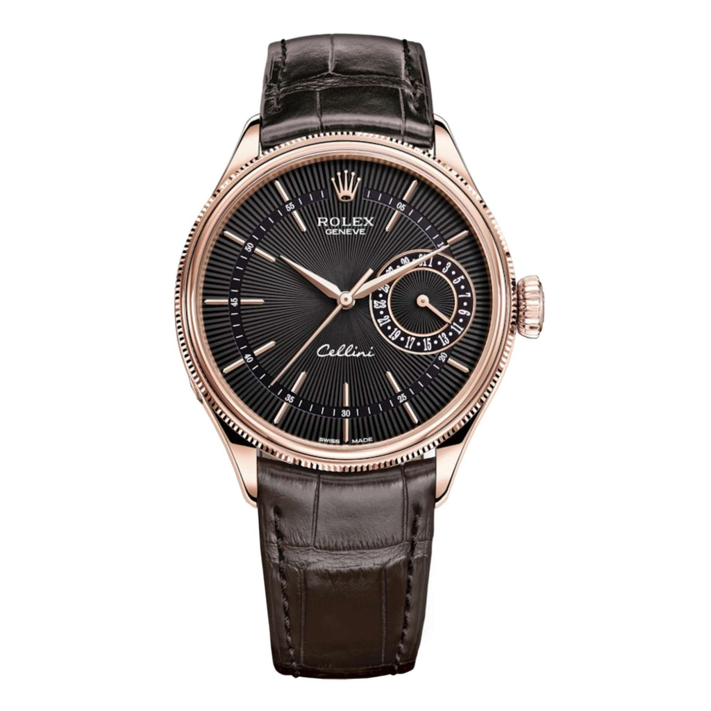 Rolex Cellini Time 39mm | Tobacco Leather strap | Black guilloche dial | 18k Everose Gold Case Unisex Watch 50515-0010