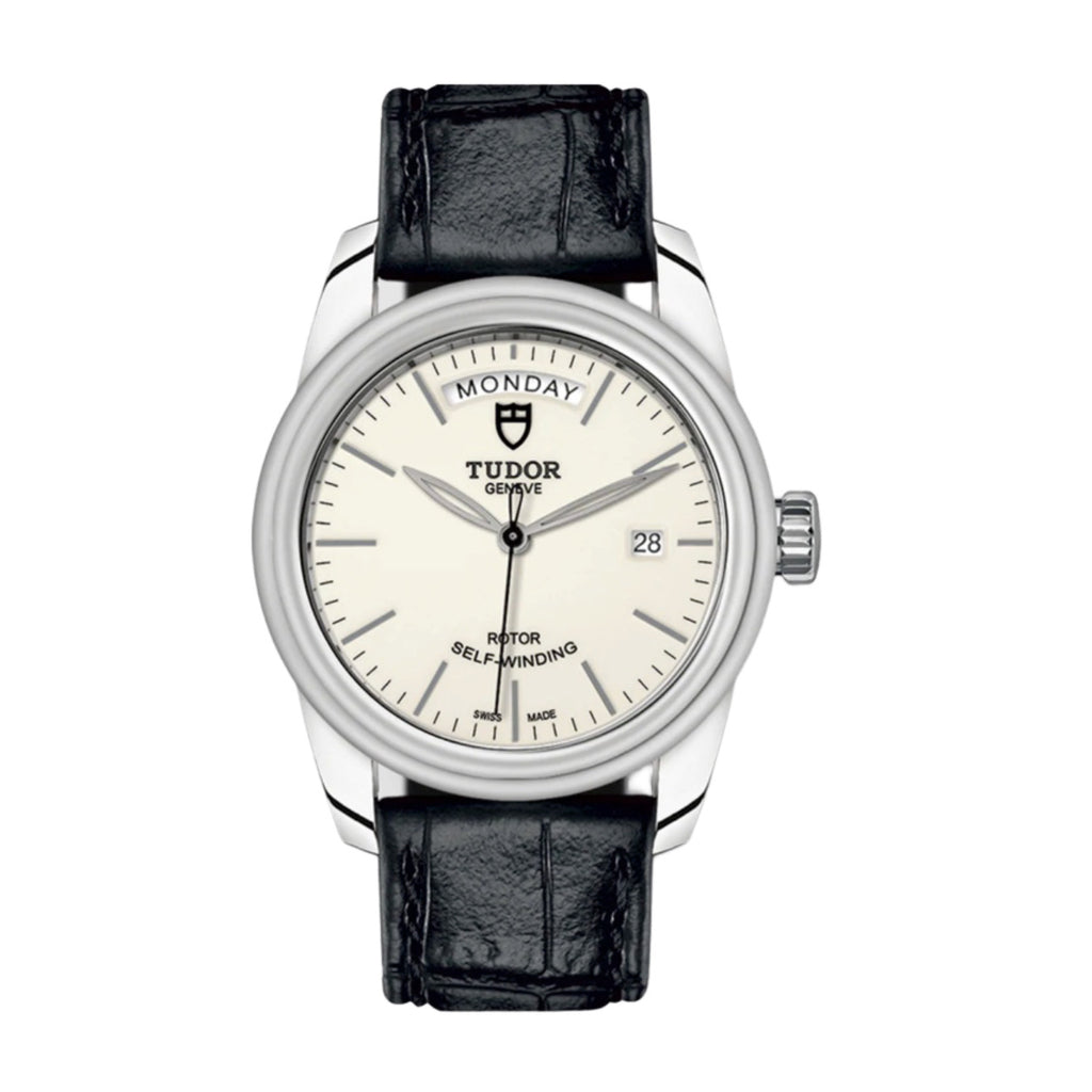 Tudor Glamour Date+Day 39mm | Shiny black leather strap | Opaline Diamond dial | Men's Watch M56000-0176