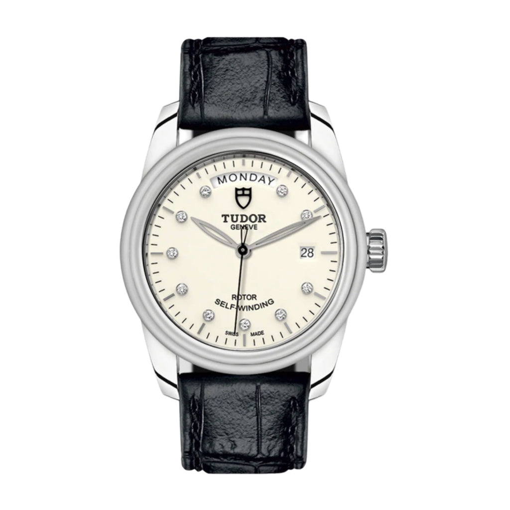Tudor Glamour Date+Day 39mm | Shiny black leather strap | Opaline Diamond dial | Men's Watch M56000-0184