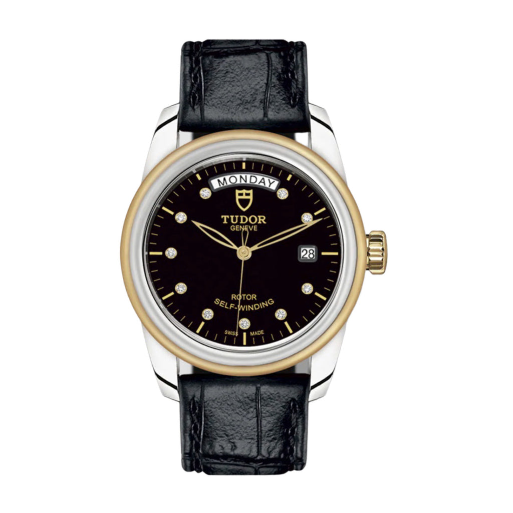Tudor Glamour Date+Day 39mm | Shiny black leather strap | Black Diamond dial | Men's Watch M56003-0045