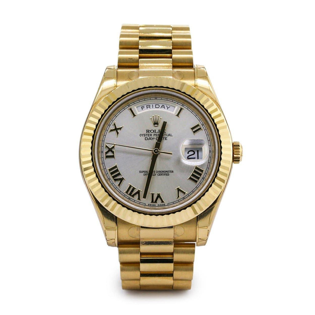 Men's Rolex, Day Date II 18k Yellow Gold w/ Silver Roman Dial Watch 218238