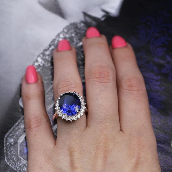 14k White Gold Cocktail Ring with 9.00ct Diffused Blue Sapphire and 1.25ct Diamonds, Ring on a finger