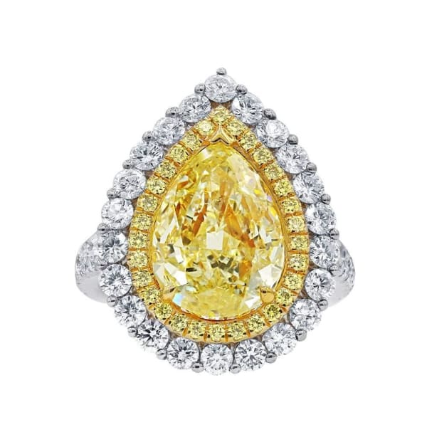18k White Gold Ring features 4.01ct Fancy Yellow Pear Shape Diamond and double halo by 2.47ct of White and Yellow Diamonds