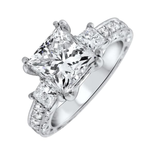 18kt White Gold Engagement Ring With Center Diamond 3.14ct Princess Cut With Antique Design RN-1710000, main view