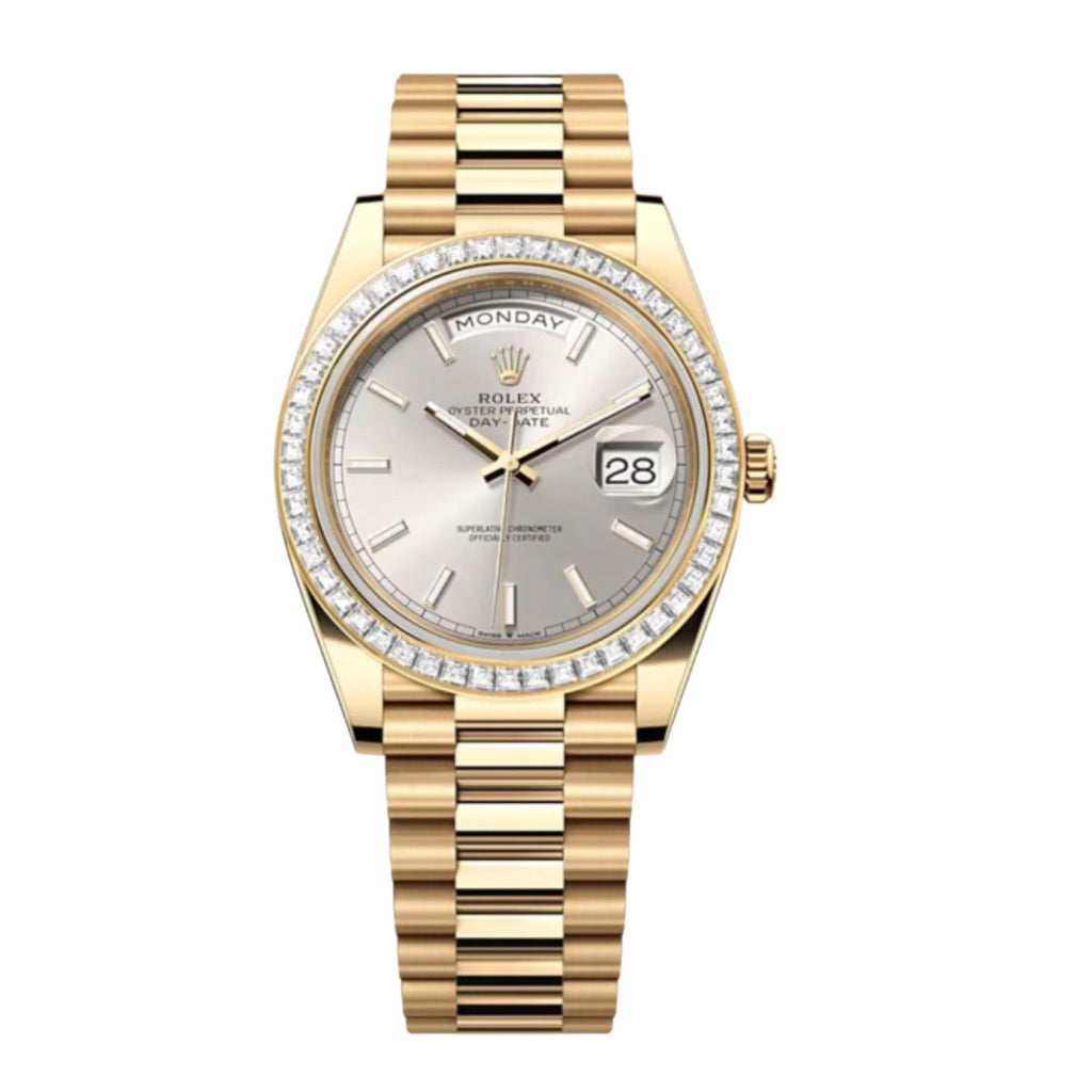 2023 Release Rolex, Day-Date 40, Silver dial, President bracelet, 18k yellow gold Watch 228398TBR