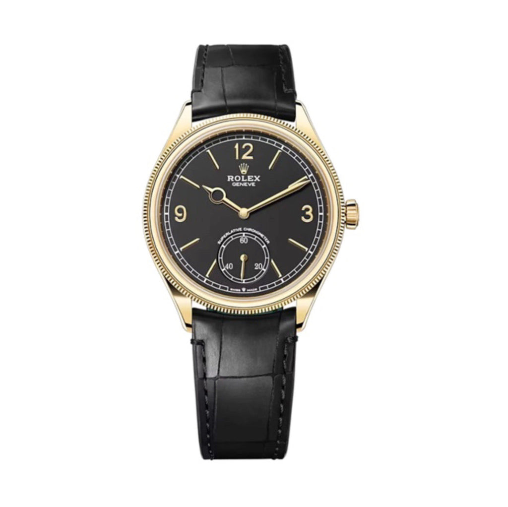 New 2023 Release Rolex, 1908, Black dial, Leather strap bracelet in 18k yellow gold Case Watch, Ref. # 52508