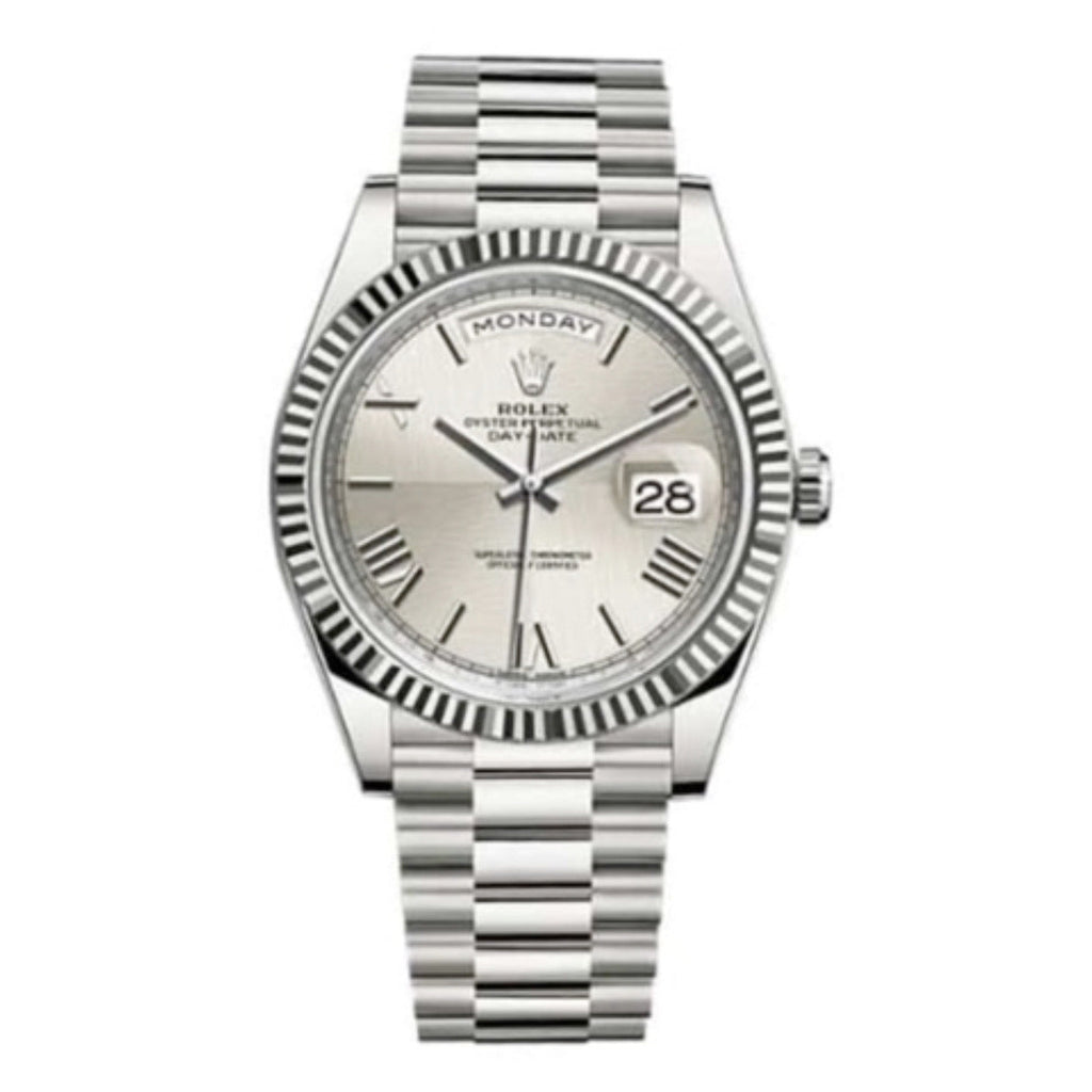Rolex, Day-Date 40 Presidential Silver dial, Fluted Bezel, President bracelet, White gold Watch 228239-0006