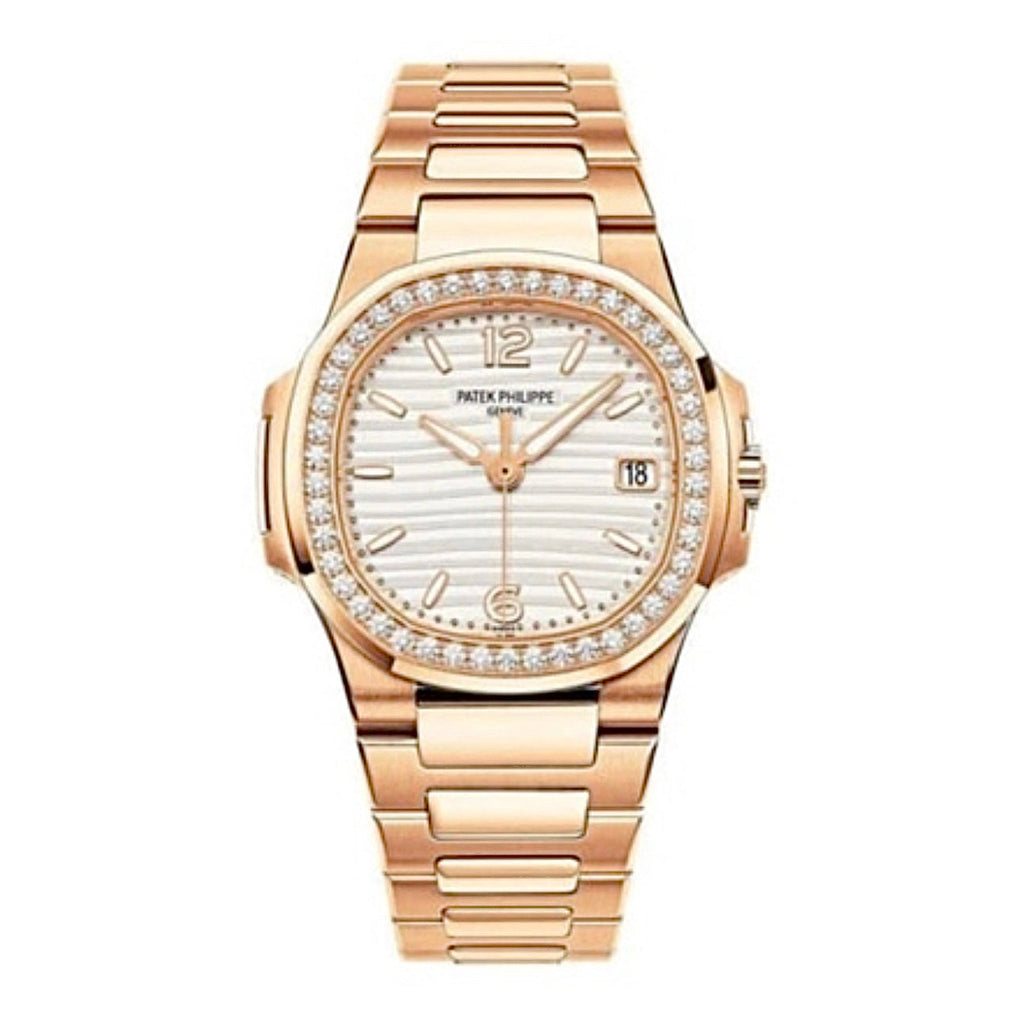 Patek Philippe, Nautilus 32mm | 18k Rose gold bracelet | Silvery Opaline dial Diamond bezel | 18k Rose gold Case Ladies Watch 7010-1R-011