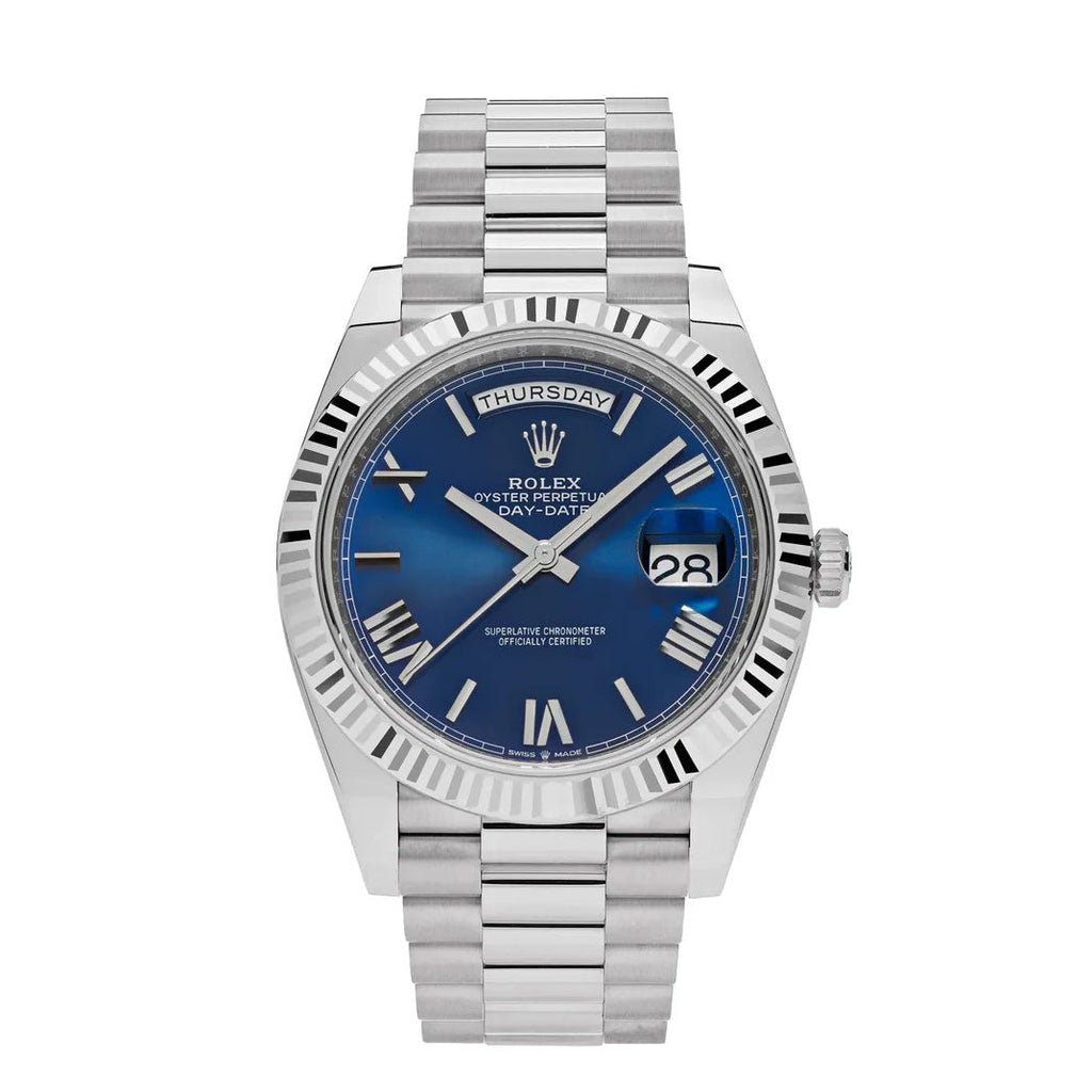 Rolex, Day-Date 40 Presidential Blue dial, Fluted Bezel, President bracelet, White gold Watch 228239-0007