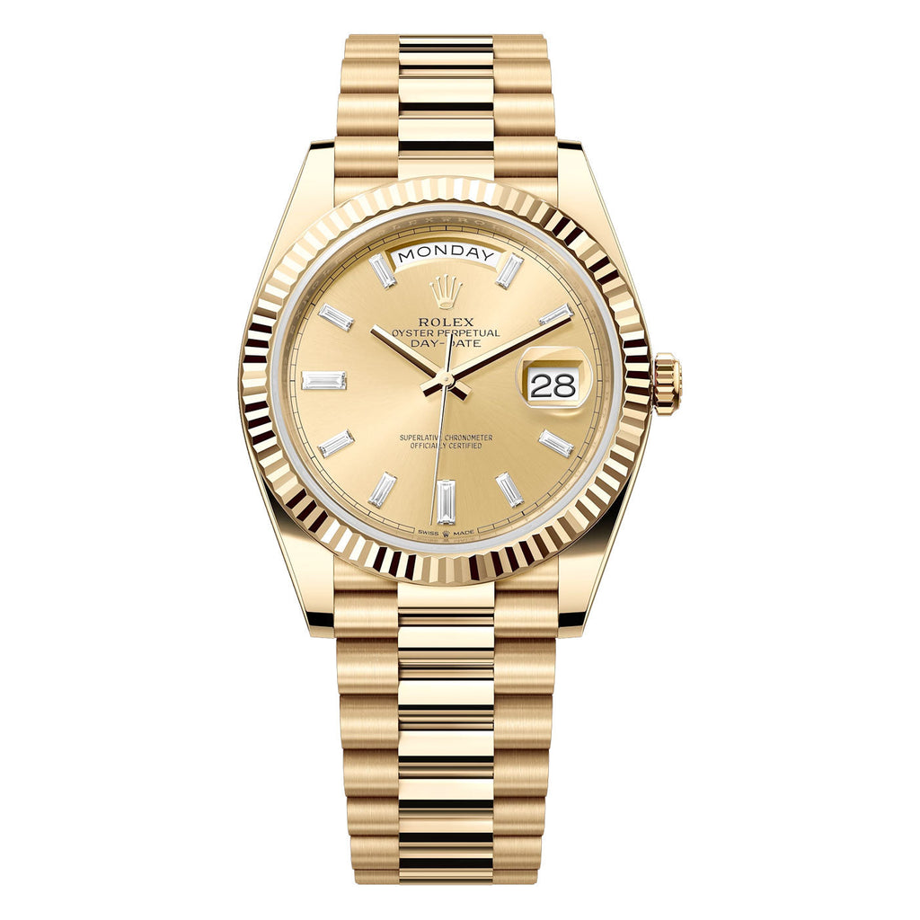 Rolex, Day-Date 40 Presidential Champagne dial, Fluted Bezel, President bracelet, Yellow gold Watch 228238-0005