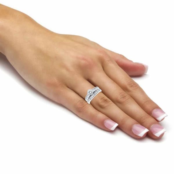 Beautiful 14k white gold channel diamond engagement ring and wedding band RN-12500, Ring on a finger