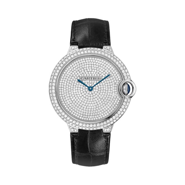 Cartier, Ballon Bleu Diamond Pave Dial Black Leather Mens Watch, Ref. # WE902049