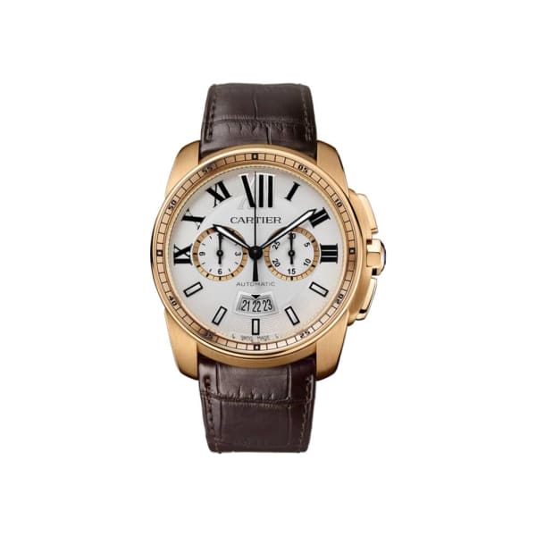 Cartier, Calibre de Cartier, Silver Dial 18kt Rose Gold Brown Leather Automatic Mens Watch, Ref. # W7100044