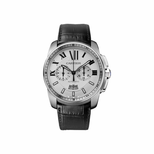 Cartier, Calibre de Cartier, Silver Dial Black Leather Automatic Mens Watch, Ref. # W7100046