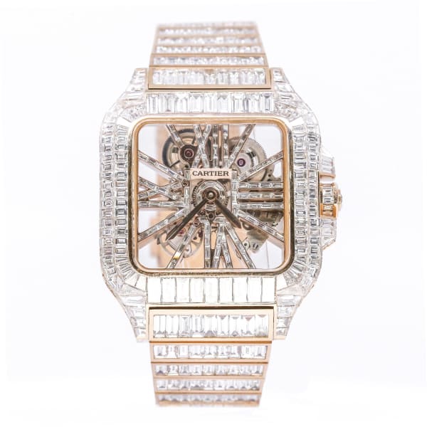 Cartier, Santos Skeleton Iced Out Rose Gold Diamond Watch, Ref. # WHSA0015
