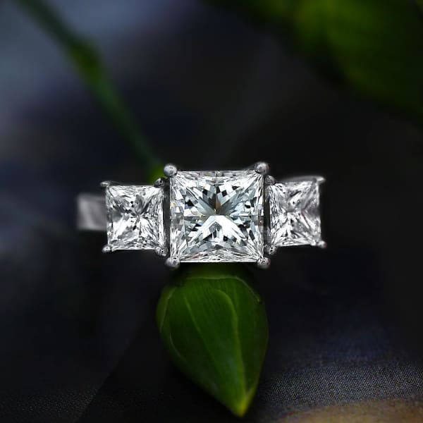 Certified 14k White Gold three-Stone Diamond Engagement Ring with center 2.27ct Princess Cut Diamond, enlarged image