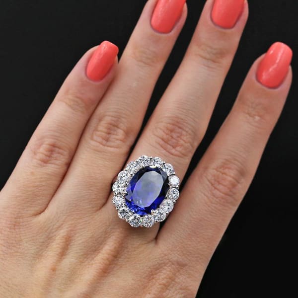 Fantastic Blue Sapphire and Diamonds on sides Ring DS-21005, Ring on a finger