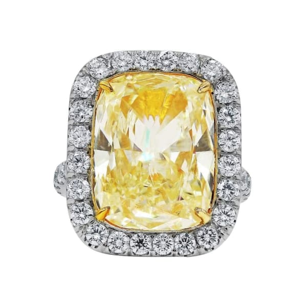 Impressive Platinum Fancy Yellow Diamond ring with center 10.01ct Cushion Cut Diamond