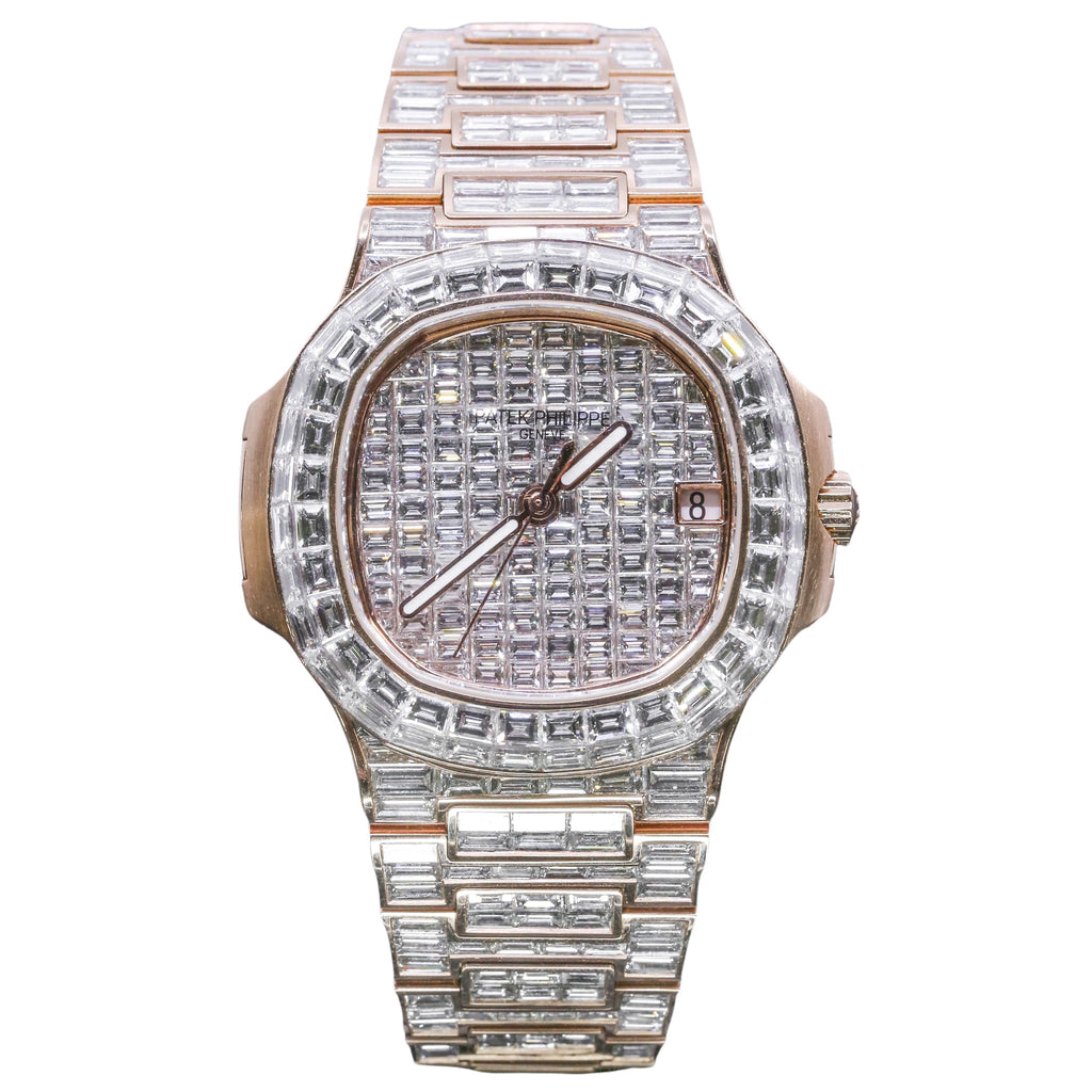 Custom Iced Out Patek Philippe, Nautilus 40 mm | 18k Rose gold diamond bracelet | Diamond dial | 18k Rose gold diamond Case Men's Watch 750000