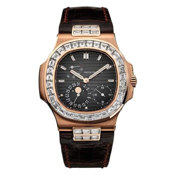 Patek Philippe, Nautilus Moonphase 40 mm | Brown leather strap | Black dial Diamond bezel | 18k Rose gold Case Men's Watch 5724R-001