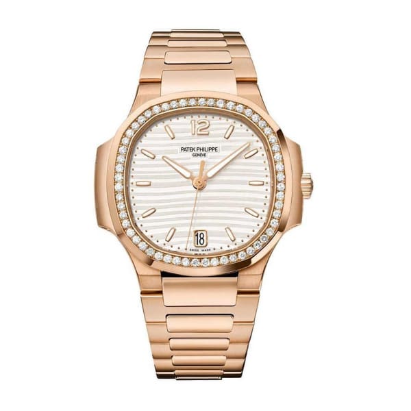 Patek Philippe, Nautilus 35.2 mm | 18k Rose gold bracelet | Silvery opaline dial Diamond bezel | 18k Rose gold Case Ladies Watch 7118/1200R-001