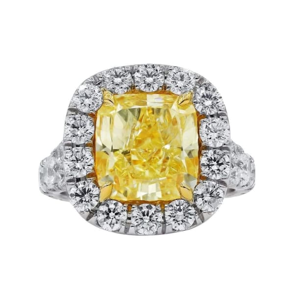 Platinum Fancy Yellow Diamond ring with center 5.01ct Cushion Cut Natural Diamond