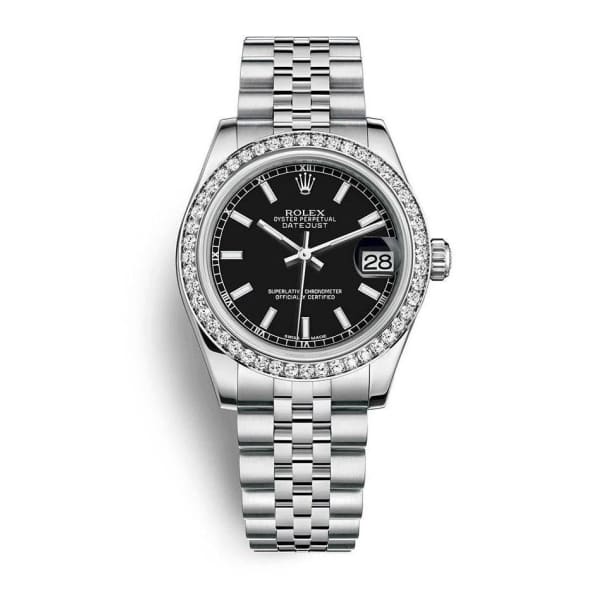 Rolex, Perpetual Datejust 31mm, Oystersteel and 18k White Gold Jubilee bracelet, Black dial Diamond bezel, Ladies Watch 178384-0031