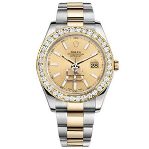 Rolex, Datejust II 41mm, Two-Tone Stainless Steel and 18k Yellow Gold Jubilee bracelet, Champagne dial Diamond bezel, Men's Watch 116300CSODB