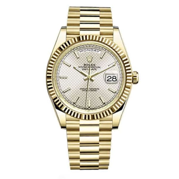 Rolex, Day-Date 40 Presidential Silver dial, Fluted Bezel, President bracelet, Yellow gold Watch 228238-0008