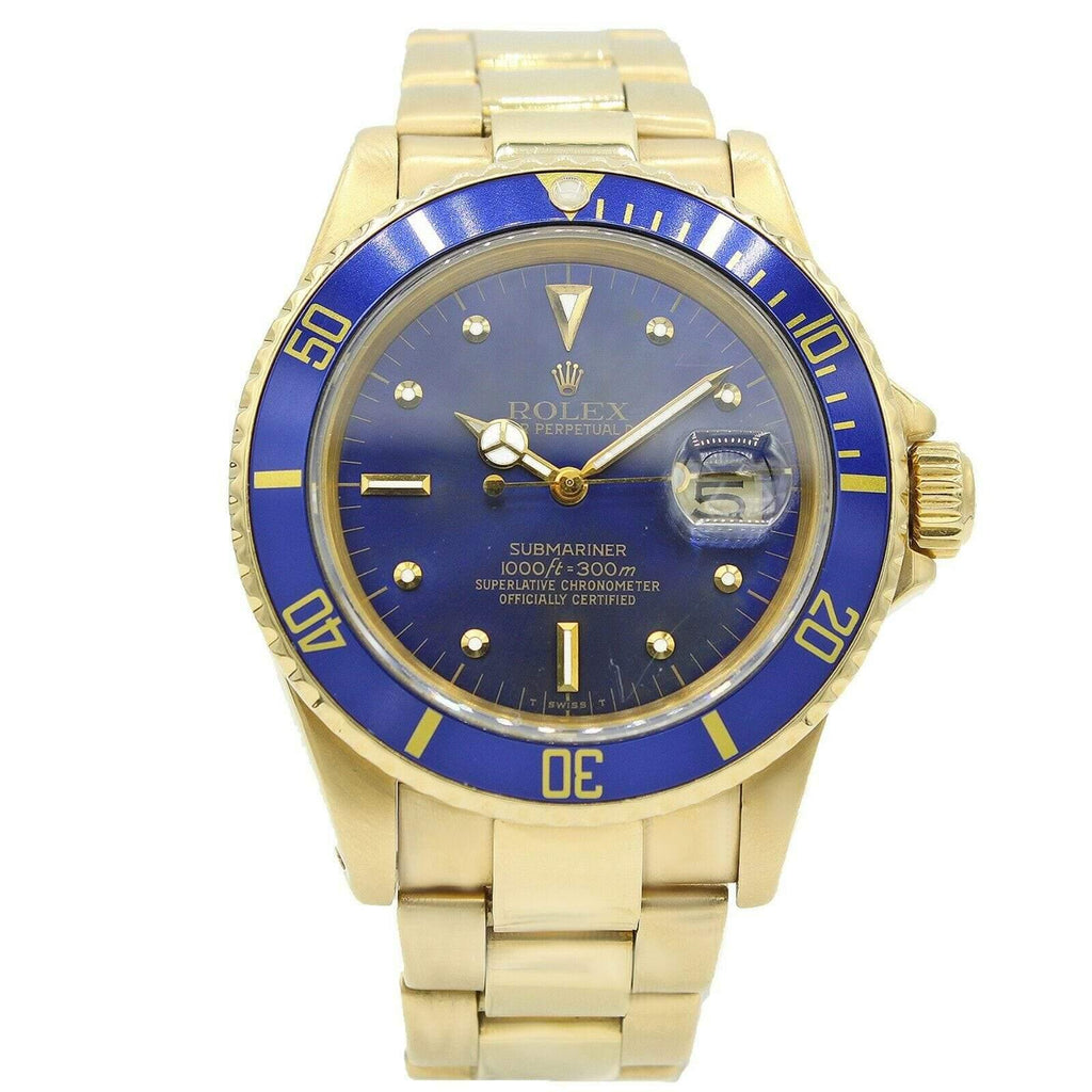 Vintage Rolex, Submariner 40 mm, 18k Yellow Gold Oyster bracelet, Blue Diamond dial Blue bezel, 18k Yellow Gold Case Men's Watch 16808