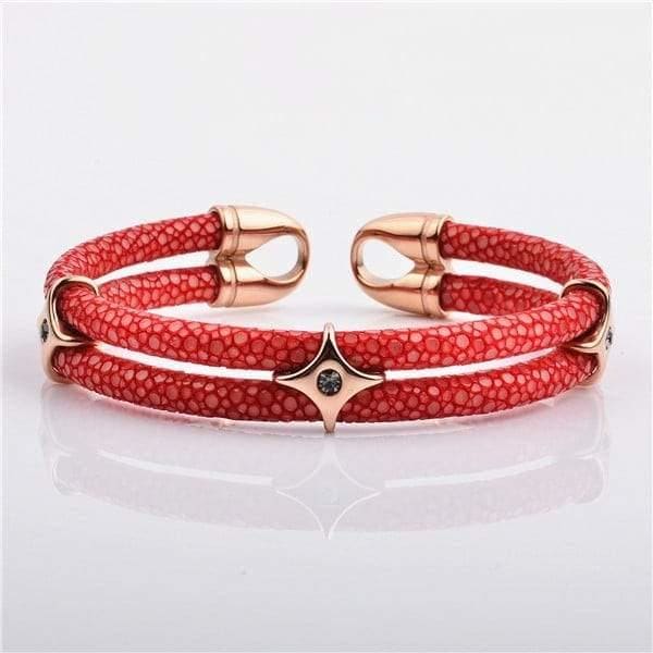 Stainless Steel Charm Rose Gold Plated With Real Stingray Leather Men’s Bracelet Red Wine