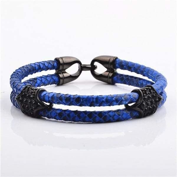 Stainless Steel Charm With Real Python Leather Bracelet Blue