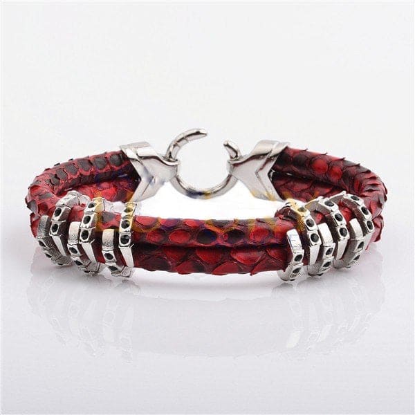 Stainless Steel Charm With Real Python Leather Bracelet Red 