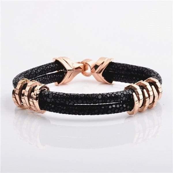 Stainless Steel Charm With Real Stingray Leather Men’s Bracelet With Black & Rose Gold color