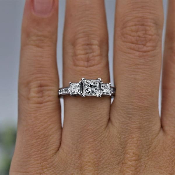 Three-stone 14k White Gold engagement ring with 1.05ct Center Princess cut Diamond ENG-15000, Ring on a finger