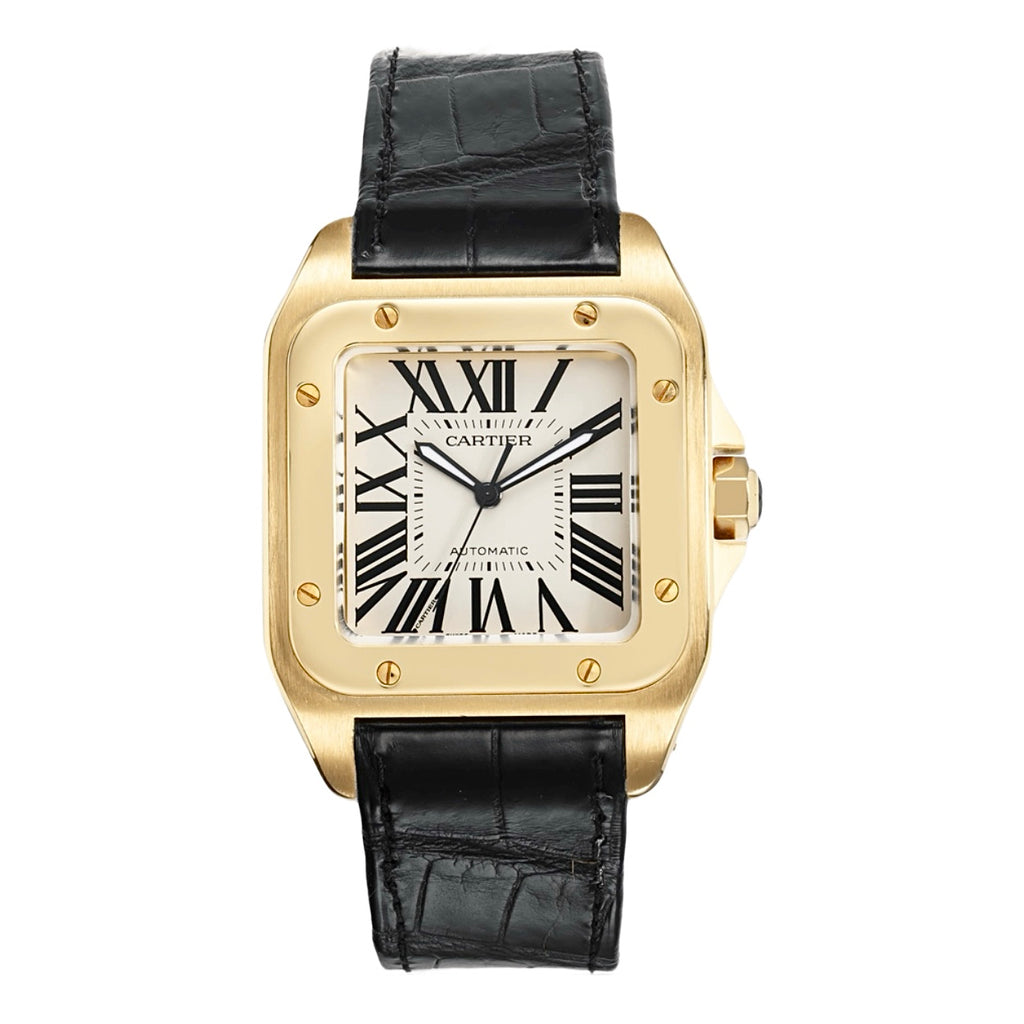 Cartier, Santos 100 38mm | black Leather Strap | Silver Dial yellow gold Bezel | yellow gold Case | Men's Watch, Ref. # W20078Y1