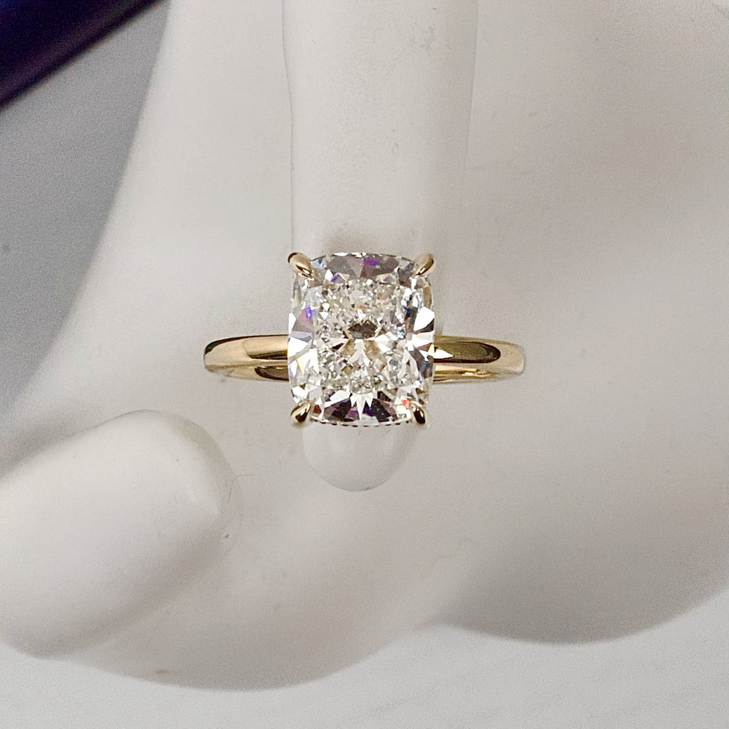 14k Yellow Gold Lab-grown Cushion cut Solitaire Engagement Ring, 3.50ct ENG-7500