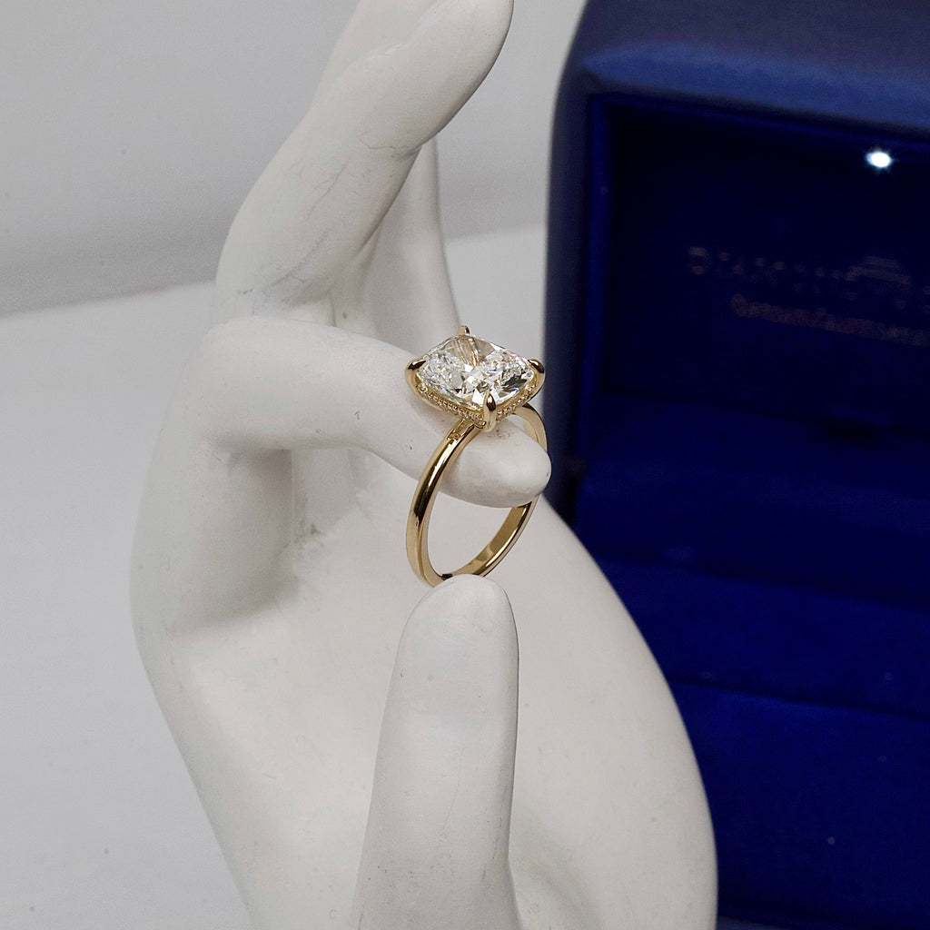 14k Yellow Gold Lab-grown Cushion cut Solitaire Engagement Ring, 3.50ct ENG-7500